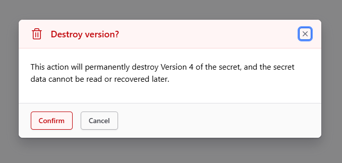 Partial screenshot of the Vault GUI showing the "Destroy version?" confirmation modal for data at the path dev/square-api